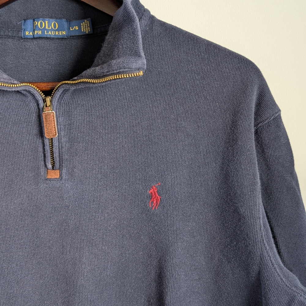 Polo Ralph Lauren 1/4 Zip Pullover Sweater Mens Large Navy Blue Cotton Ribbed